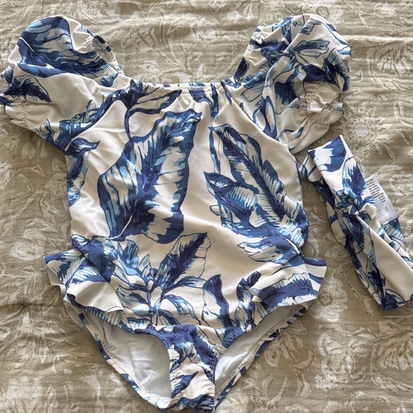 Jessica Simpson Blue and White Toddler Girls Swim One Piece with Headband - Picture 1 of 4